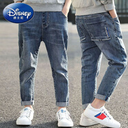 迪士尼（Disney）男童牛仔褲春秋裝2023韓版長褲子兒童中大童褲子洋氣時髦冬裝加絨 口袋字母牛仔褲 150碼(140-150cm)