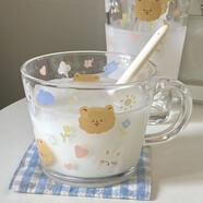 暢印ins風(fēng)可愛(ài)牛奶燕麥玻璃水杯早餐杯少女心高顏值玻璃杯 面包熊把杯+櫻花勺子 301-400ml