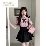 FR.YH.ZH卡文服飾甜美辣妹風(fēng)微胖妹妹套裝泡泡袖花邊襯衫+高腰背帶蓬蓬裙 大碼XL【建議110-130】 單黑色蓬蓬裙