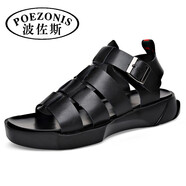 波佐斯（POEZONIS）羅馬涼鞋男沙灘鞋夏季真皮個(gè)性潮流時(shí)尚涼厚底防臭涼拖鞋男皮鞋 黑色 41