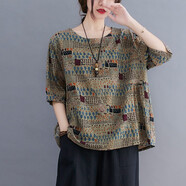 萌菲思胖mm大碼女裝夏天t恤女棉麻寬松顯瘦遮肚子上衣時尚休閑圓領(lǐng)短袖 圖片色 XL【建議150-200斤】