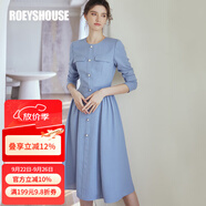 ROEYSHOUSE羅衣知性小香風(fēng)肌理感連衣裙秋裝新款純色褶皺大擺裙子07219 淺藍(lán)色 M
