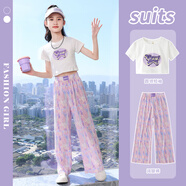 小豬彼特女童夏裝套裝兒童2025時(shí)髦洋氣運動(dòng)大童夏季新款兩件套12歲女孩夏 9889白色+15088粉紫色 【套裝】 130 cm