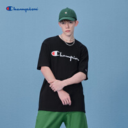 Champion冠軍夏季新品多色基礎款刺繡草寫(xiě)LOGO圓領(lǐng)套頭T恤情侶款男 黑色 M