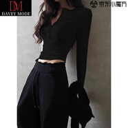 DAVEY MODE辣妹酒紅色v領(lǐng)長(cháng)袖內搭打底衫女秋冬純棉修身緊身正肩t恤短款上衣 黑色【掐腰/小衫/歐貨/潮/時(shí)髦/ S 90-105斤
