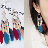 思梨民族風(fēng)波西米亞耳夾女復(fù)古流蘇羽毛串珠長款度假創(chuàng)意無耳洞耳飾 彩色羽毛耳夾款