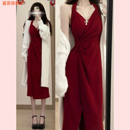 藏顏兩裝2023秋冬中長(zhǎng)款軟糯針織開(kāi)衫+感法式紅色吊帶連衣裙 套裝 裙子+開(kāi)衫 開(kāi)衫是秋冬款哦 S 85-100