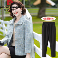 皮爾卡丹新款中年媽I媽春秋外套氣質(zhì)小香風(fēng)短款中年女春秋呢子上衣兩件裝 藍色+黑色長(cháng)褲 3XL 115-130斤