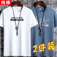 迪貝狼短袖t恤男夏裝百搭男士上衣半袖寬松體恤大碼印花圓領(lǐng)衣服男裝T恤 KY7白+點(diǎn)線霧霾藍(lán) S 建議 80/100斤