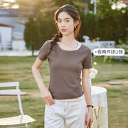 艾路絲婷針織短袖t恤女假兩件拼接撞色圓領(lǐng)2024夏裝新款正肩修身31832 咖色 XL