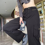 賢語(yǔ)美式大口袋工裝褲牛仔褲女直筒寬松大版秋冬季高腰拖地闊腿牛仔褲 黑色 S 【建議80-98斤】