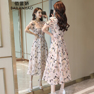 佰藍嬌2023夏季女裝新款時尚高檔氣質女神范碎花連衣裙雪紡仙女裙子夏天 粉色 均碼 L