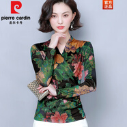 皮爾卡丹（pierre cardin）春秋裝2025新款女長袖t恤洋氣小衫時尚高端金絲絨v領(lǐng)上衣打底衫 綠葉紅花 4XL (150-165斤)