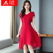 【商場(chǎng)同款】燕珺 紅色雪紡連衣裙子女裝夏裝2022年 女裝夏季夏天新款小個(gè)子收腰顯瘦氣質(zhì)高檔明星同款 紅色 XL