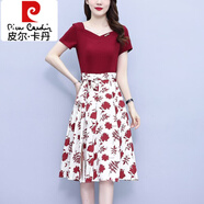 皮爾卡丹（pierre cardin）假兩件雪紡連衣裙女裝2025夏季新款時尚方領(lǐng)氣質(zhì)收腰印花拼接裙子 紅色 L 100-120斤