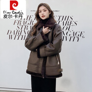 皮爾卡丹（pierre cardin）皮毛一體加厚外套女秋冬新款羊羔毛韓版顯瘦短款百搭休閑機(jī)車皮衣 棕色 M 105-125斤左右