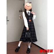 芭瑾圖秋冬法式復古學(xué)院風(fēng)V領(lǐng)收腰顯瘦格子背帶連衣裙女+長(cháng)袖襯衫兩件套 格子背帶裙單 L +
