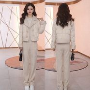 NYIG感毛呢拼接翻領(lǐng)羽絨服外套針織闊腿褲套裝女秋冬款百搭兩件套 米白色 M【90-105斤】