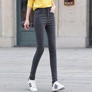 喬能彈力牛仔褲女秋冬新款高腰修身小腳褲鉛筆褲休閑加絨女褲長(cháng)褲子女 煙灰色 27