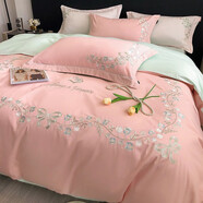 南極人秋冬輕奢高級感刺繡全棉四件套純棉100被套床罩床單繡花床上用品4 鈴蘭花開-蘭花粉【精美刺繡】 1.8/2.0m床單四件套-被套2.2x2.4