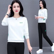 帝黛（DIDAI）T恤女長(zhǎng)袖套裝新品運(yùn)動(dòng)春秋裝衛(wèi)衣女裝上衣運(yùn)動(dòng)女士休閑褲韓版 白黑配【套裝】 XL建議（115-130）斤