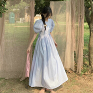 索宛亦（SUOWANYI）氣質(zhì)溫柔純欲風新款泡泡袖系帶連衣裙女學生顯瘦減齡中長款A(yù)字 藍色 S