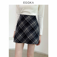 EGGKA 美拉德氣質(zhì)高腰a字半身裙秋季新款設(shè)計(jì)感格子棕色毛呢短裙女 深藍(lán)-短款（無(wú)腰帶） L