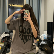 薩姆依 心形字母設計感小短袖t恤女夏季2021年新款寬松ins潮牌原宿風(fēng)oversize學(xué)生半袖上衣 駝色 L