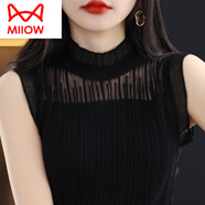 貓人（MiiOW）法式洋氣無袖背心女半高領(lǐng)內(nèi)搭西裝白色上衣蕾絲針織打底衫 黑色 L