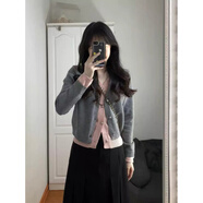 風(fēng)采兔 毛衣女2024秋冬新款港風(fēng)撞色假兩件v領(lǐng)設(shè)計(jì)感軟糯針織開衫潮外套 灰色拼粉色 均碼