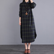 MODX香港潮牌日韓原單出口折扣女寬松亞麻襯衫長(cháng)裙格子長(cháng)袖棉麻連衣裙 綠格(即將) XL 【建議125-145斤】