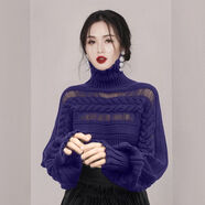 BJTSV高領(lǐng)套頭加厚毛衣女秋冬季短款寬松法式慵懶風(fēng)鏤空高檔針織打底衫 紫色 S 100斤以下