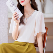 蕓玫兒（yunmeier）短袖t恤女2025年夏季新款新款韓國氣質(zhì)顯瘦圓領(lǐng)鑲鉆鏤空純色套頭 淺杏 S