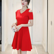 VTUAFF2025夏季新款裙子顯瘦氣質(zhì)小個(gè)子好看v領(lǐng)復古短袖法式a字連衣裙 紅色短袖露肩 L （建議110-120斤）