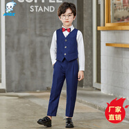 閃閃藍(lán)寶 新款兒童西裝花童禮服男童西服套裝男小西裝主持人服裝演出服正裝鋼琴小孩表演服 藏青色長褲三件套（馬甲+長褲+領(lǐng)結(jié)） 120cm建議體重37-43斤
