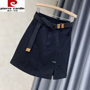 皮爾卡丹（pierre cardin）短裙半身裙女秋季新款高腰短款包臀開叉防走光a字工裝牛仔裙子 【品質(zhì)款】5012-黑色+腰帶 L 建議105-115斤