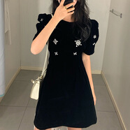 miss nitaly 夏季新款名媛泡泡袖連衣裙女小個子赫本風(fēng)收腰顯瘦短款小黑裙 黑色 M