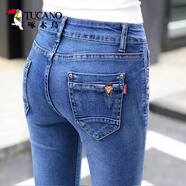 啄木鳥(niǎo)2025春秋彈力高腰牛仔褲女裝長(cháng)褲修身顯瘦顯高鉛筆褲小腳褲 天藍色 -1519 26 建議 80-90斤
