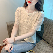 羅蒙（ROMON）短袖t恤女2025夏季新款韓版百搭短袖中國風(fēng)蕾絲雪紡T恤上衣夏裝女 杏色xL