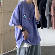 Jazky短袖t恤男士夏季新款印花五分袖T恤男潮流韓版休閑情侶半袖ins寬松潮牌短袖體恤男裝 紫色 M