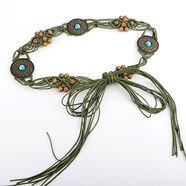 PEARL DIARY波西米亞編織腰帶女士流蘇民族風(fēng)腰鏈裝飾連衣裙百搭復古風(fēng)腰繩 圓圈蠟繩編織腰帶-軍綠色