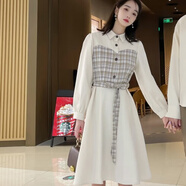 踏麗虹小眾情侶裝拼接格子你衣我裙男女長(cháng)袖立領(lǐng)襯衫連衣裙 女連衣裙 M