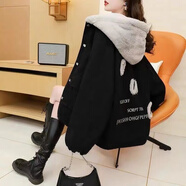 巧除加絨加厚牛仔外套女2025秋冬季新款連帽寬松韓版棉服保暖上衣 加絨 5241#黑色外套 2XL 建議140-155