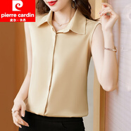 皮爾卡丹（pierre cardin）白色襯衫女無袖上衣西裝打底背心翻領(lǐng)仿真絲襯衣女夏季配毛衣內(nèi)搭 香檳色 2XL 建議（130-140斤