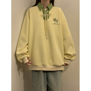 QGF美式polo領(lǐng)衛衣女春秋季復古港味設計感寬松百搭情侶休閑潮牌外套 杏色 M 【建議95-115斤】