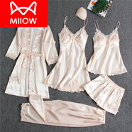 貓人（MiiOW）帶胸墊睡衣女士五件套春秋夏性感冰絲綢吊帶睡裙睡袍五件套家居服 H929五件套香檳色 M 80 100斤以?xún)?nèi)