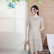布符布符夏季新品釘珠一字領(lǐng)連衣裙重工刺繡印花氣質(zhì)舒適時尚女 皇冠花 M