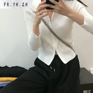 FR.YH.ZH偉強毛衣polo針織開(kāi)衫女薄款早秋修身顯瘦短款雙頭拉鏈長(cháng)袖上衣 白色 3XL 建議135-155斤穿