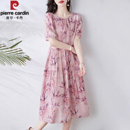 皮爾卡丹（pierre cardin）品牌法式減齡仿真絲連衣裙女夏新款印花短袖韓版休閑收腰顯瘦裙子 粉色 2XL