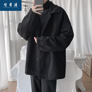 型男港免燙毛呢大衣男秋冬加厚呢子夾克港風(fēng)韓版學(xué)生大碼寬松保暖外套 黑色 M